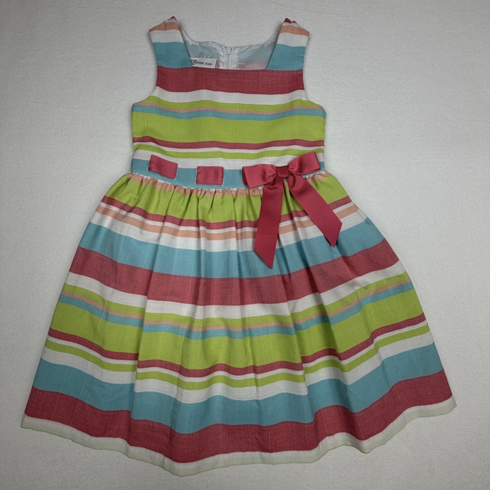 Bonnie Jean Girls Pink Green Blue Striped Sleeveless Bow Dress R68849-DV Size 6